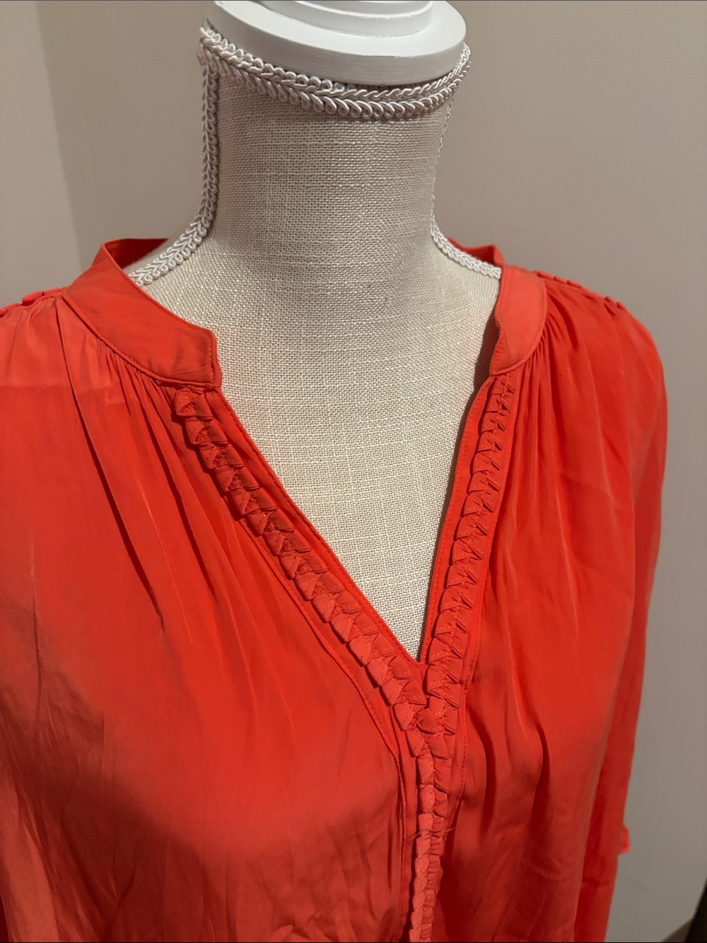 Chico's Bright Orange V-Neck Braided-Trim Blouse - Picture 3 of 9
